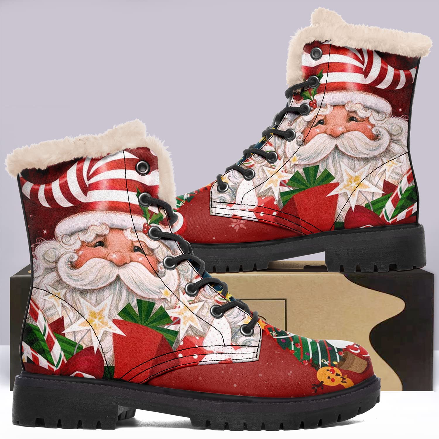 Stivali invernali da donna, stivali natalizi personalizzati Stivaletti con lacci foderati in pelliccia da donna con stampa Babbo Natale 